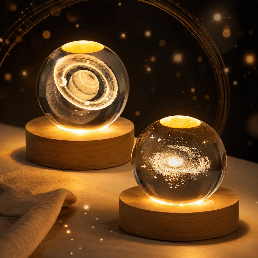 Luminária Bola de Cristal 3D Galáxia Saturno SORTIDA LED USB Base Madeira Decoração Quarto
