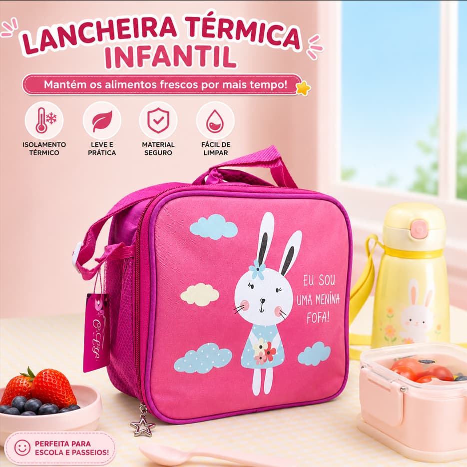 Lancheira Térmica Infantil Menina Bolsa Térmica Escolar Coelho Unicórnio Princesa Sereia Dino com Alça Ajustável