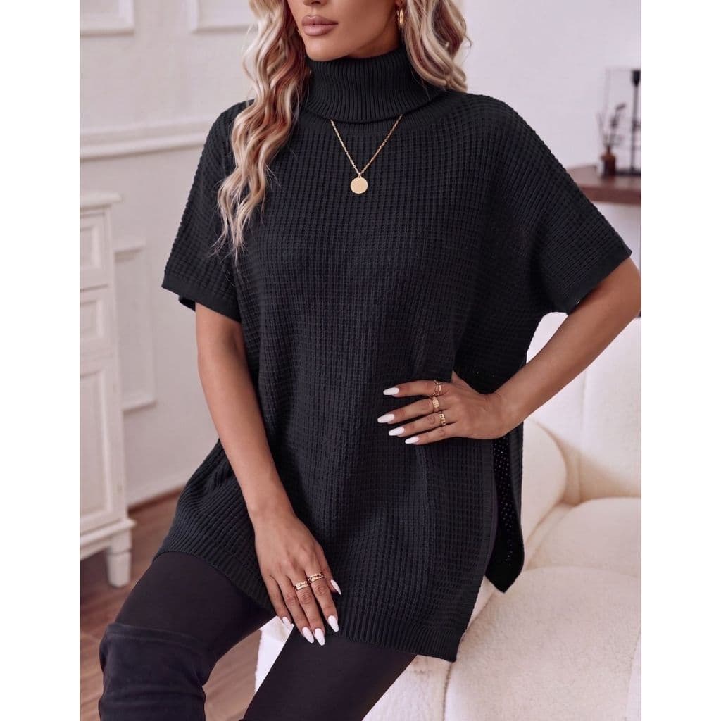 Poncho Casaco Tricot Feminino Gola Alta Inverno Frio Elegante Fashion Lançamento 2025