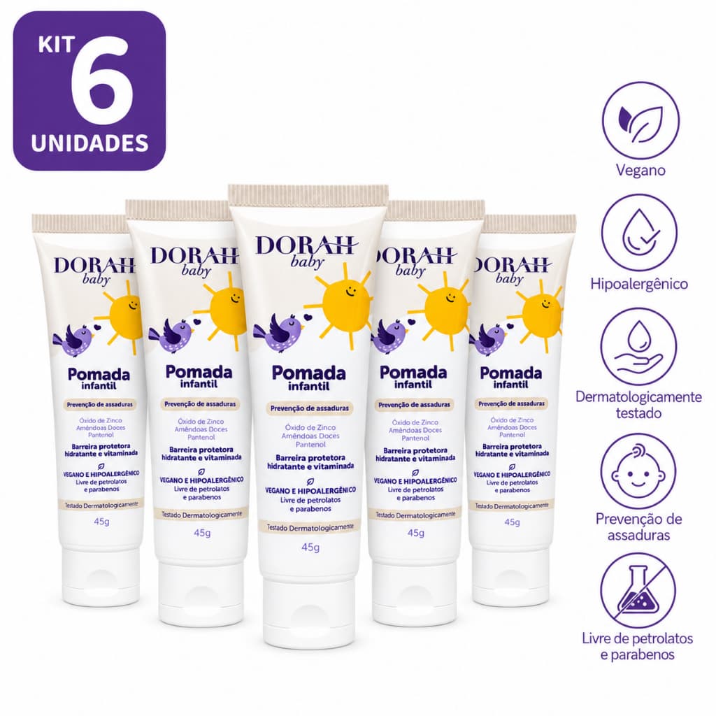 6x Pomada Infantil Dorah Baby 45g Assaduras Óxido de Zinco Pantenol