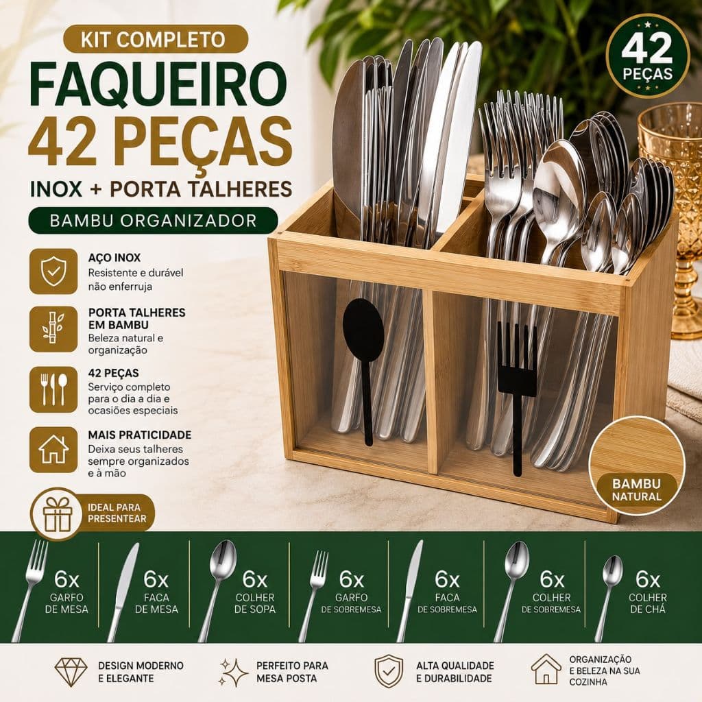 Kit Talheres 42 Peças Inox + Porta Talheres Bambu Organizador em Bambu Mesa Posta