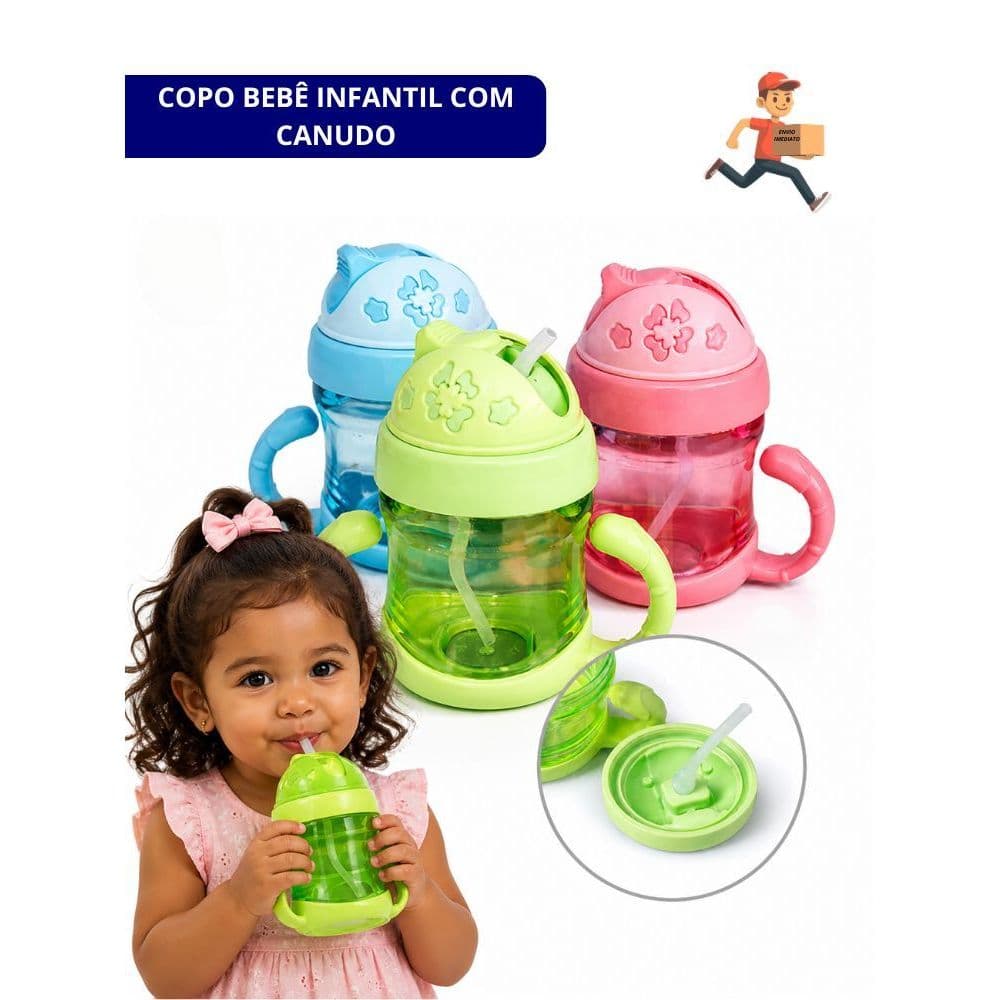 Copo Infantil com Canudo e Duas Alças Anti Derramamento para Bebê