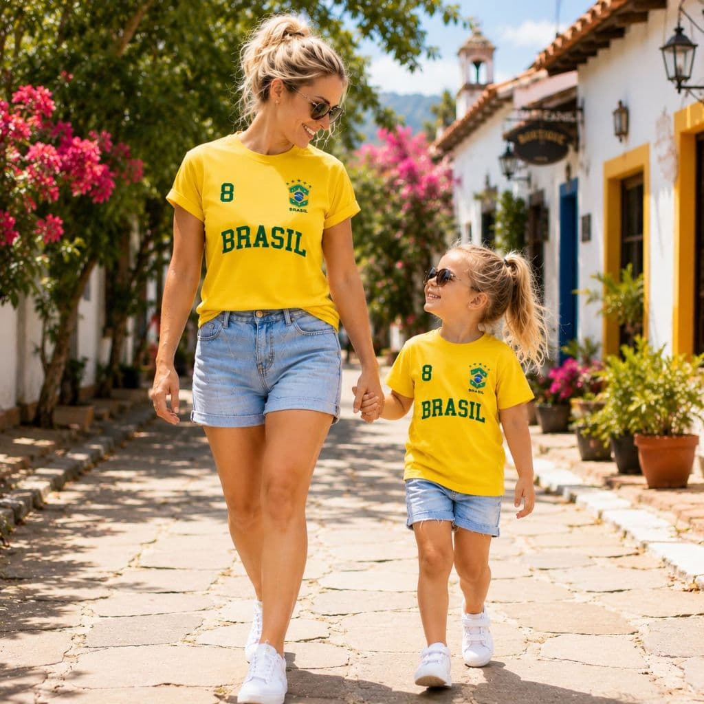 Camiseta Unissex com estampa Kit Brasil Mãe e Filha - Lançamento Modelo Premium