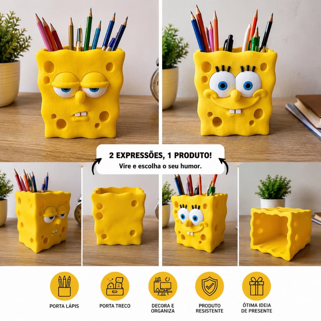 Porta Trecos 2 Lados BOB ESPONJA Organizador de Mesa para Canetas Lápis e Acessórios GEEK
