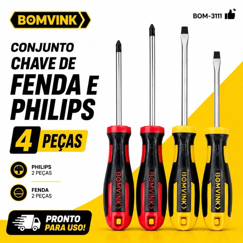 Kit Chaves Profissional 2 Fenda + 2 Phillips – Super Resistente Envio Rápido