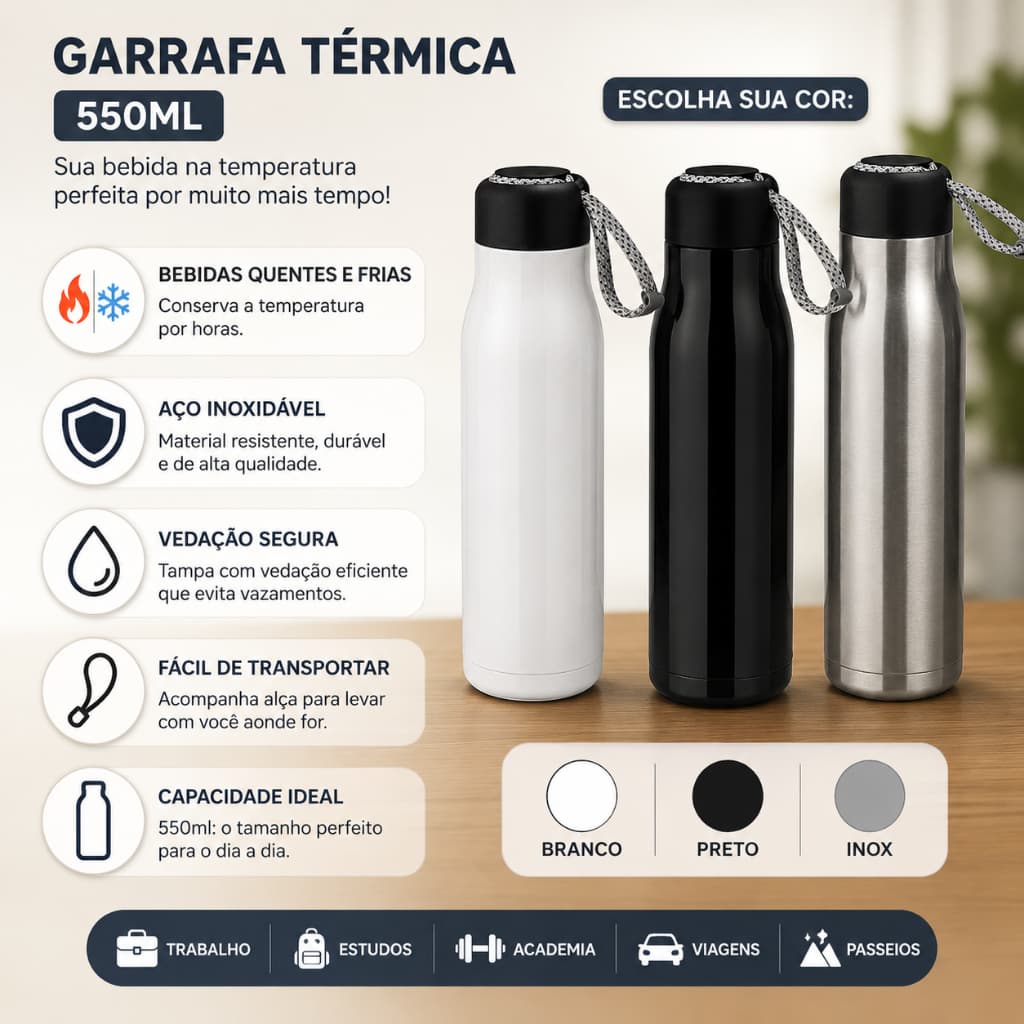 Garrafa Térmica Inox 550ml Bebidas Quentes e Frias Com Alça Portátil Branco Preto Inox - QUALIDADE TAMARA✔