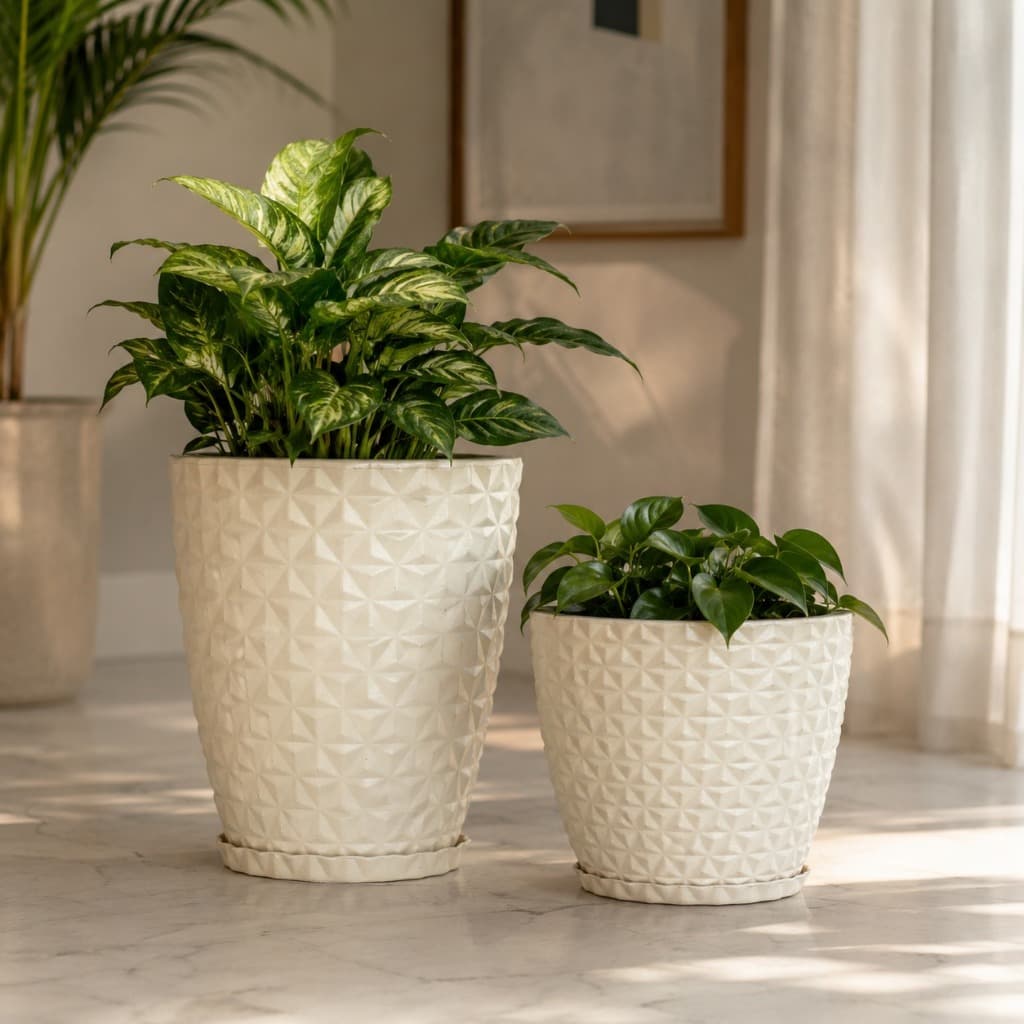 Vasos para Plantas Decorativo Coluna Bojo Diamante Luxo Elegante Estilo 3D com Prato em Polietileno