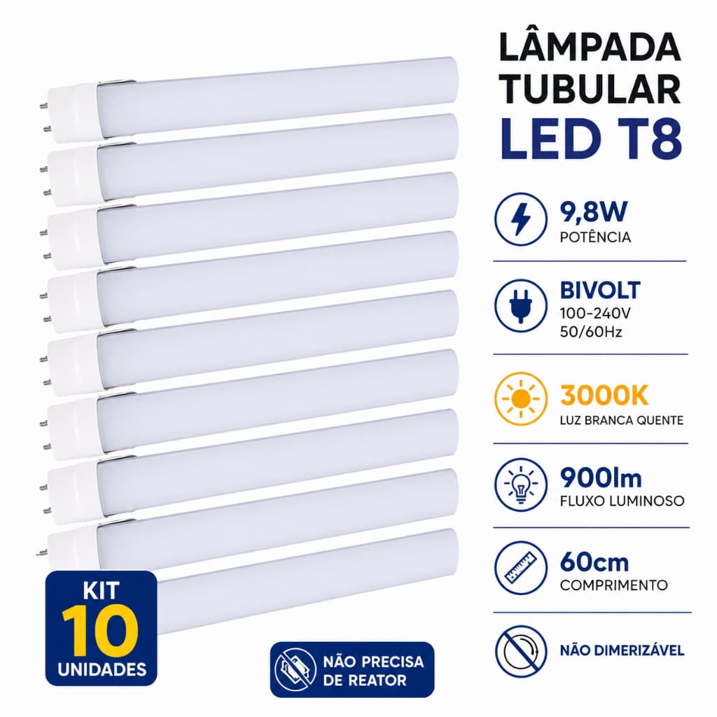 Kit 5 ou 10 Lâmpadas Tuboled T8 9,8W bivolt 3000K - 900lm - 60cm -  Não dimerizável - Brilia 300163