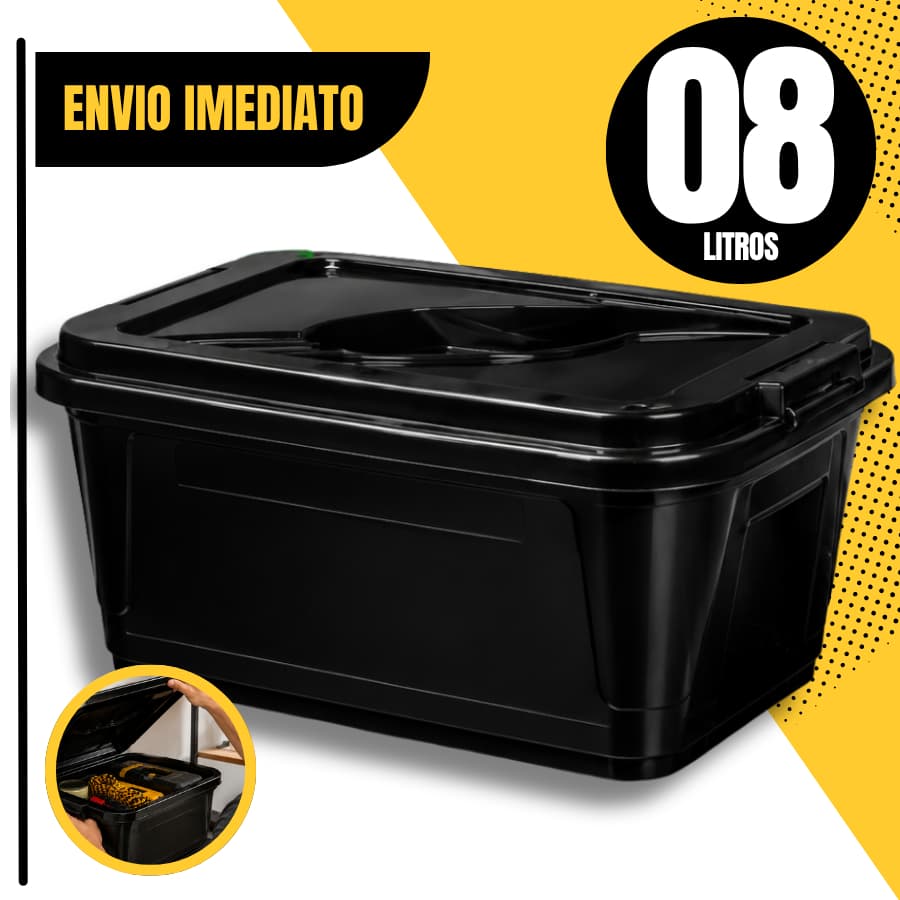Caixa Retangular 08 Litros Preta Com Trava Para Transporte