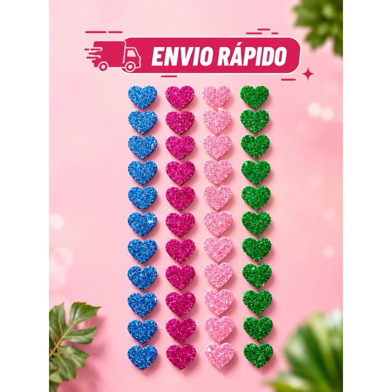 Apliques em Coração Com Glitter EVA Para Laços Pet e Lembrancinhas com 50 e 100 Unidades