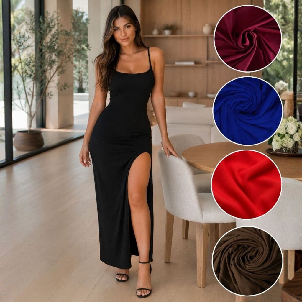 Vestido Suplex Longo Fenda Modelador Feminino Justo Moda Casual Vermelho Preto Azul Marrom Marsala