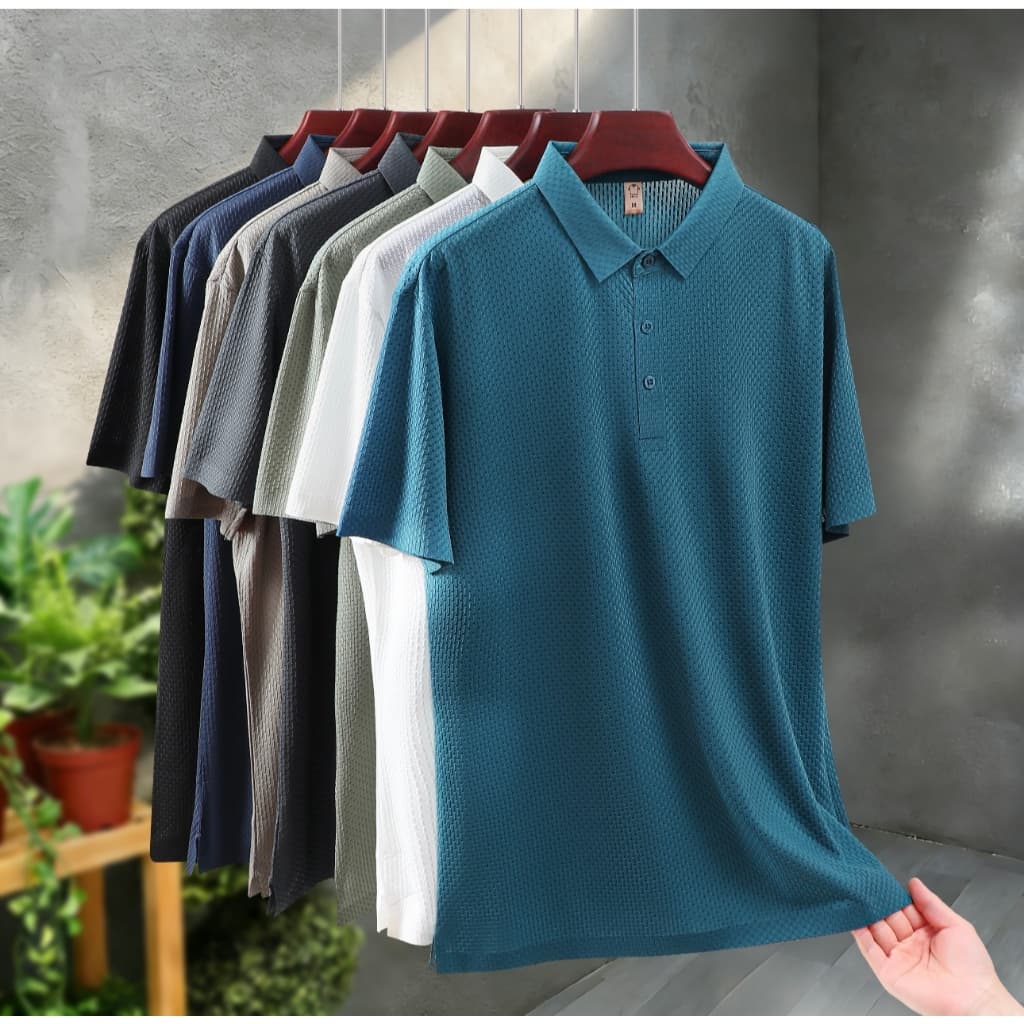 Camisa polo masculina de manga curta com gola, camiseta casual fresca e respirável, ideal para o dia a dia no trabalho.