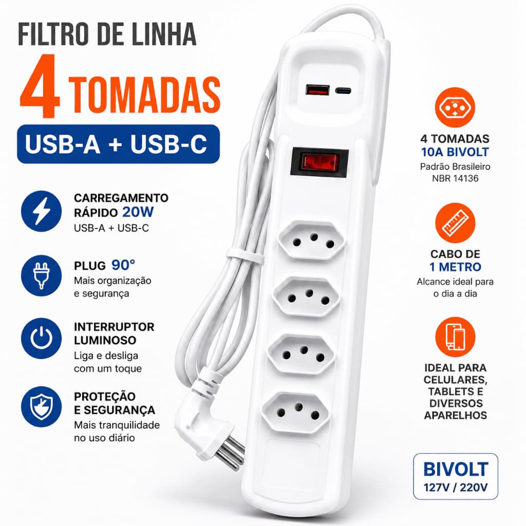 Régua Filtro de Linha com 4 Tomadas Bivolt Usb A+C 20W 90 Graus 10 amperes protetor contra surtos