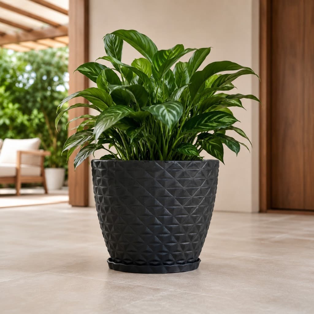 Vaso de Planta Decorativo Cone Bojo Redondo Diamante 20x23 PP com Prato em Polietileno