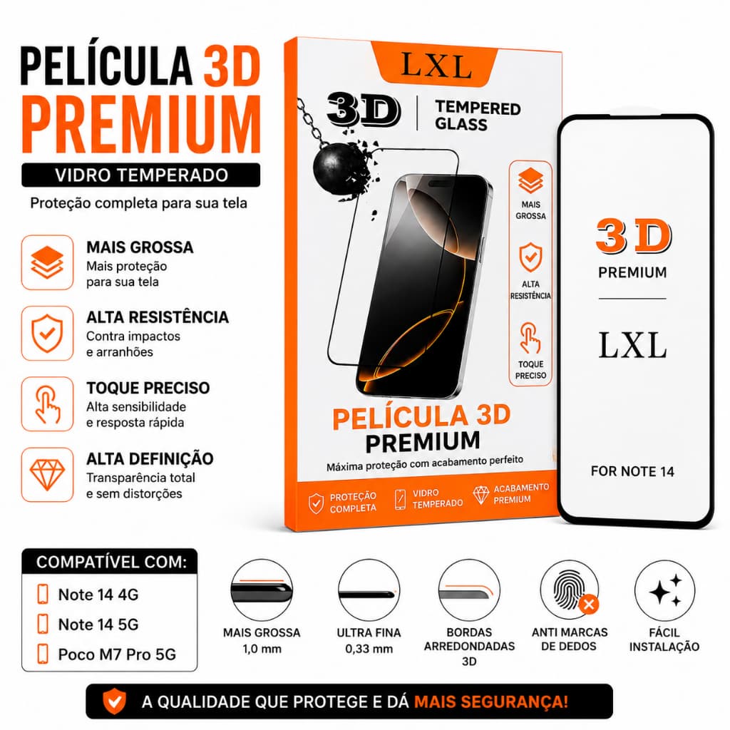 Pelicula Note 14 4G / Note 14 5G / Poco M7 Pro 5G Vidro 3D Full Cover LXL Alta Proteção Peliculas