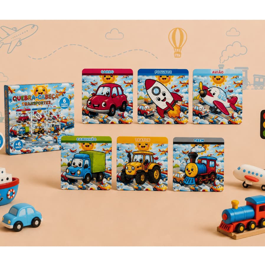 Kit Quebra-Cabeça Educativo Infantil Veiculo MDF 6 Peças Brinquedo Pedagógico Coordenação Motora - Lembrancinha de Aniv