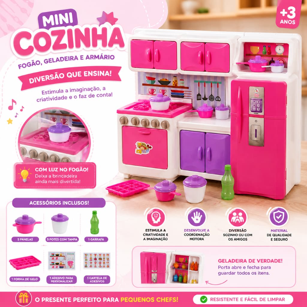 Mini Cozinha Infantil Completa Fogao Geladeira Armario Brinquedo Educativo