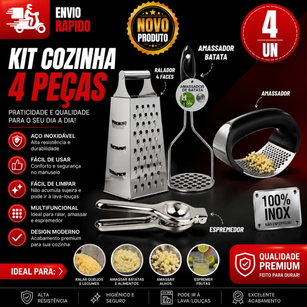 Conj 4 Peças Amassador Batata +Amassador de Alho + Ralador 4 faces+ Espremedor Limão Super Util