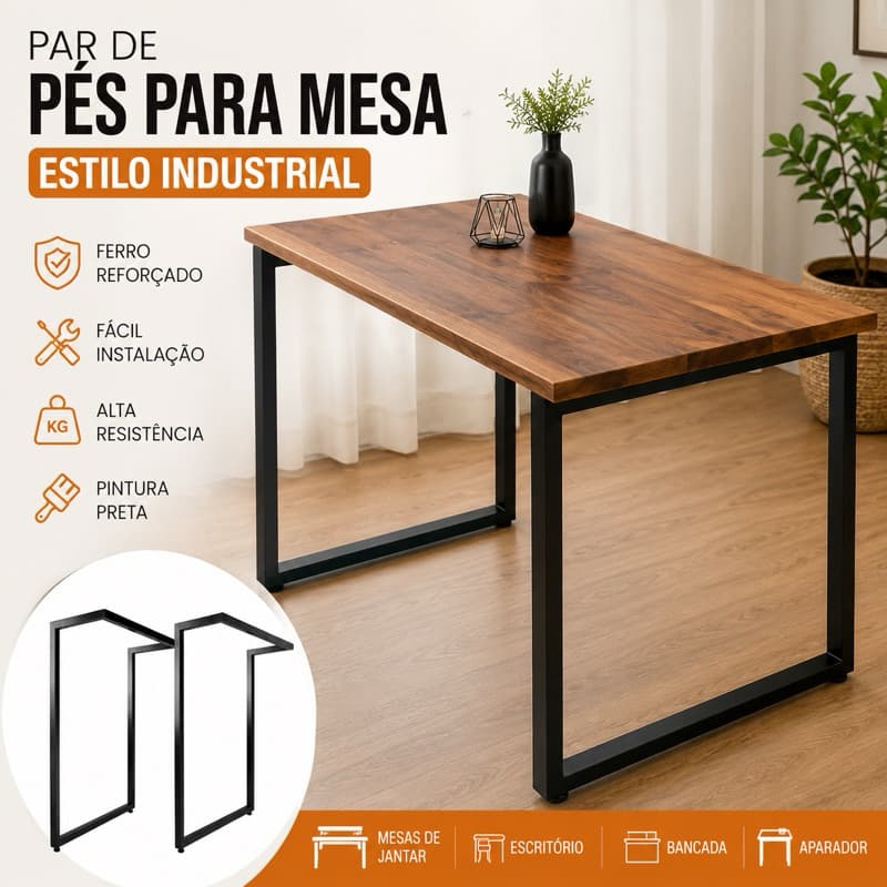 Par de Pés para Mesa em Ferro Industrial Preto Reforçado Design Moderno