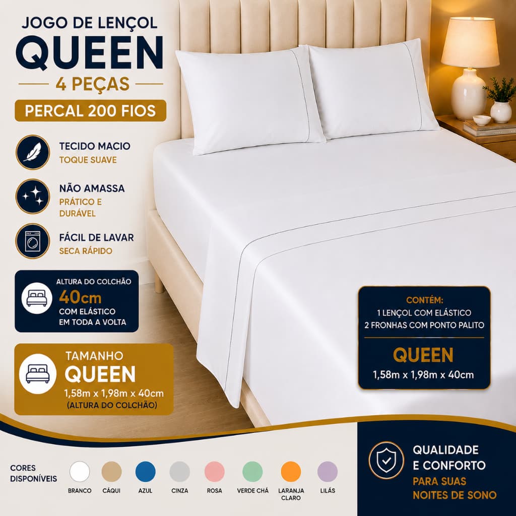 Conjunto De Lençol Queen Size 4 Peças - Percal 200 Fios Altura 40cm