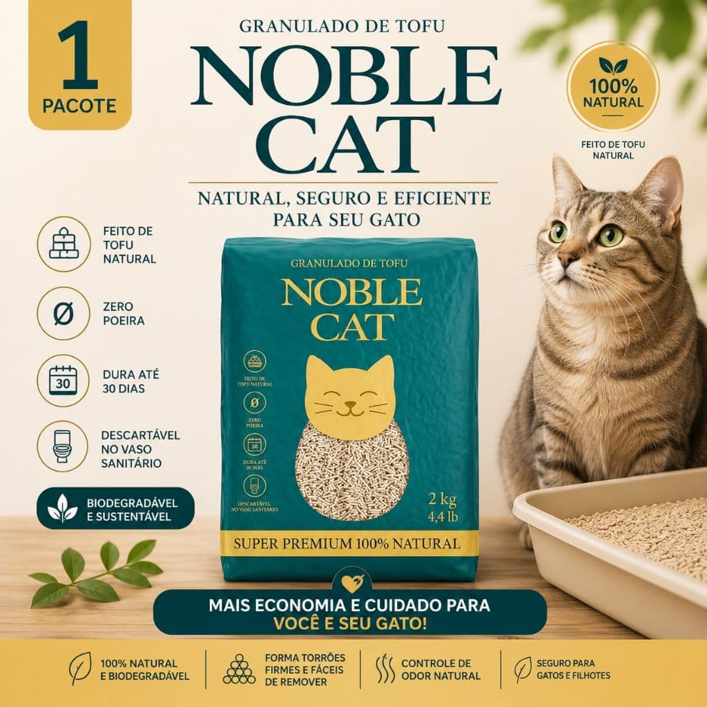 Granulado de Tofu NOBLE CAT 2kg Biodegradável Descarte no Vaso Sem Cheiro e Sem Pegadas