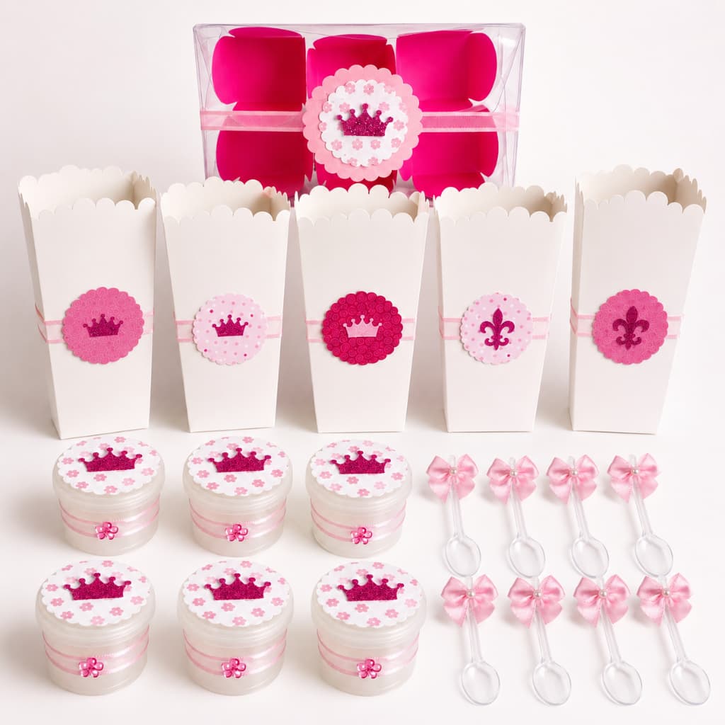 Kit Festa Coroa P/Menina - Caixa de Pipoca - Copinho P/ Brigadeiro D Colher C/ Tampa - Caixa Para Docinho - Colherzinha