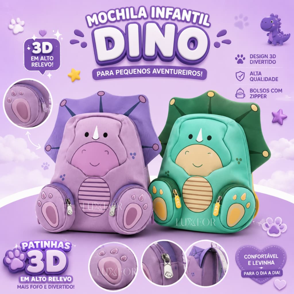 Mochila Infantil Dinossauro 3D Impermeável Neoprene Escolar Creche Passeio Menino Menina