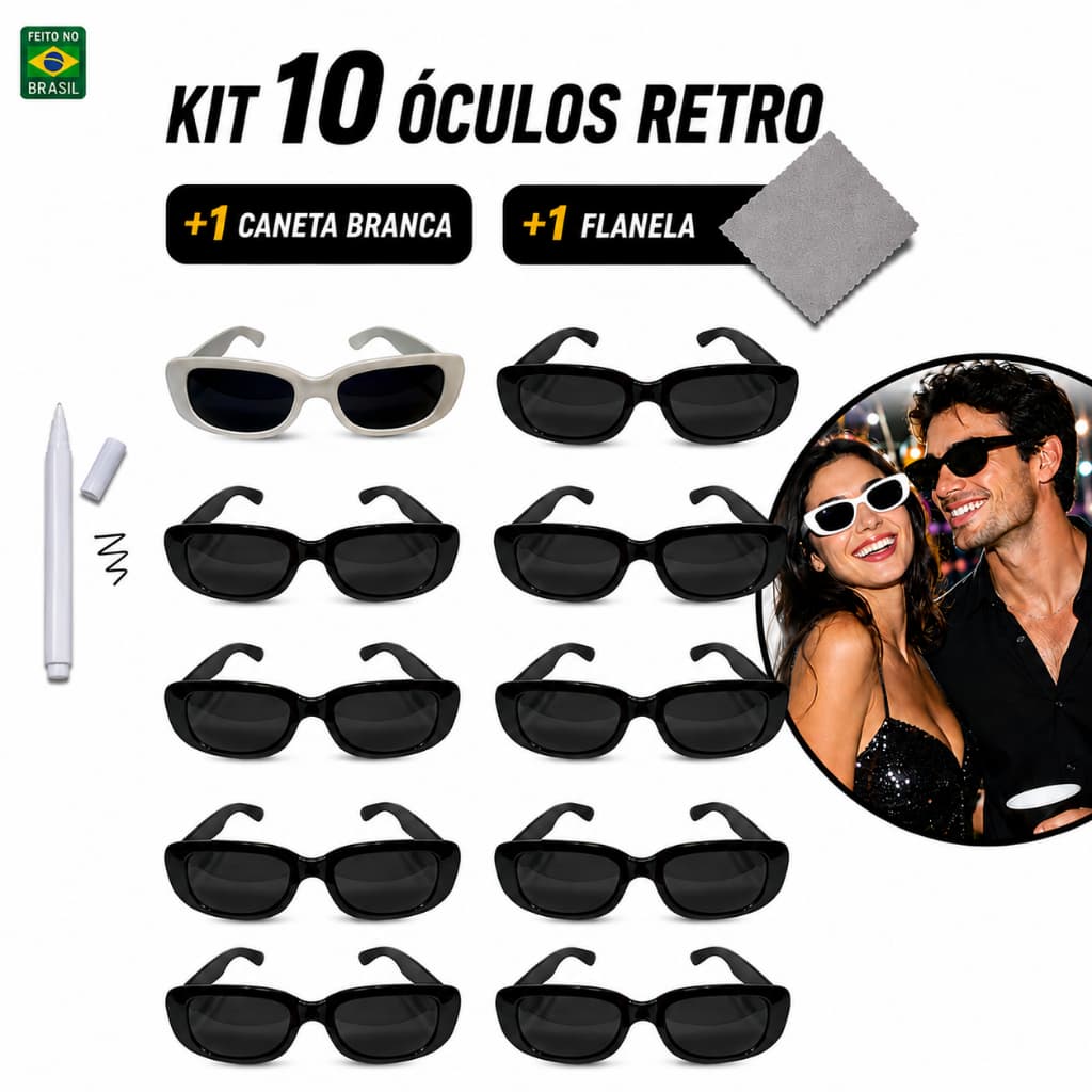 Kit 10 Óculos Retrô Noiva + Caneta + Flanela - Formaturas Casamentos Festas Despedidas