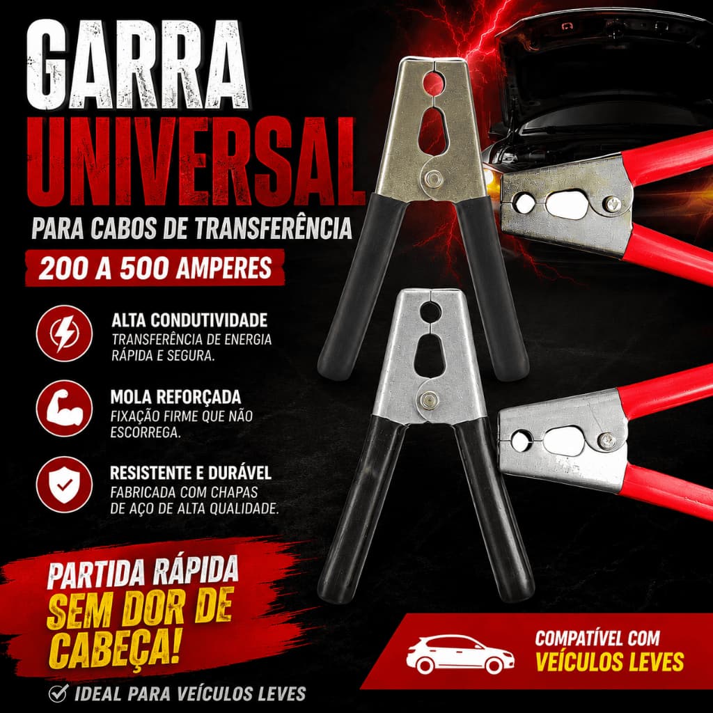 Kit 4 Garras Jacaré Quadrada 200A a 500A para Cabo de Chupeta Universal de Bateria