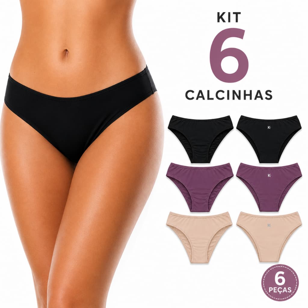 Kit 6 Calcinhas Biquíni Microfibra Cintura Baixa com Fundo de Algodão