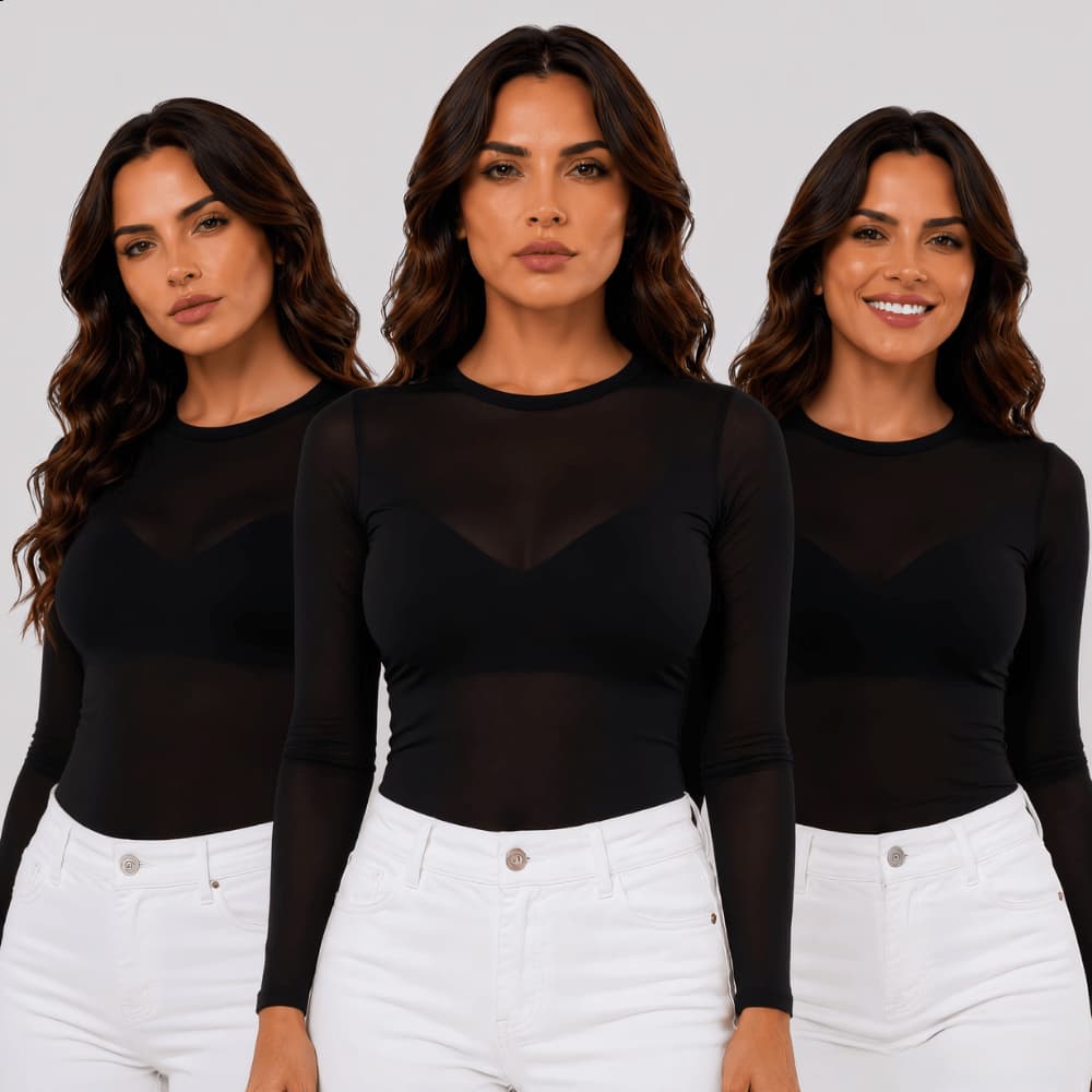 Blusa Feminina Transparente de Tule Manga Longa Camiseta Academia Treino Longo