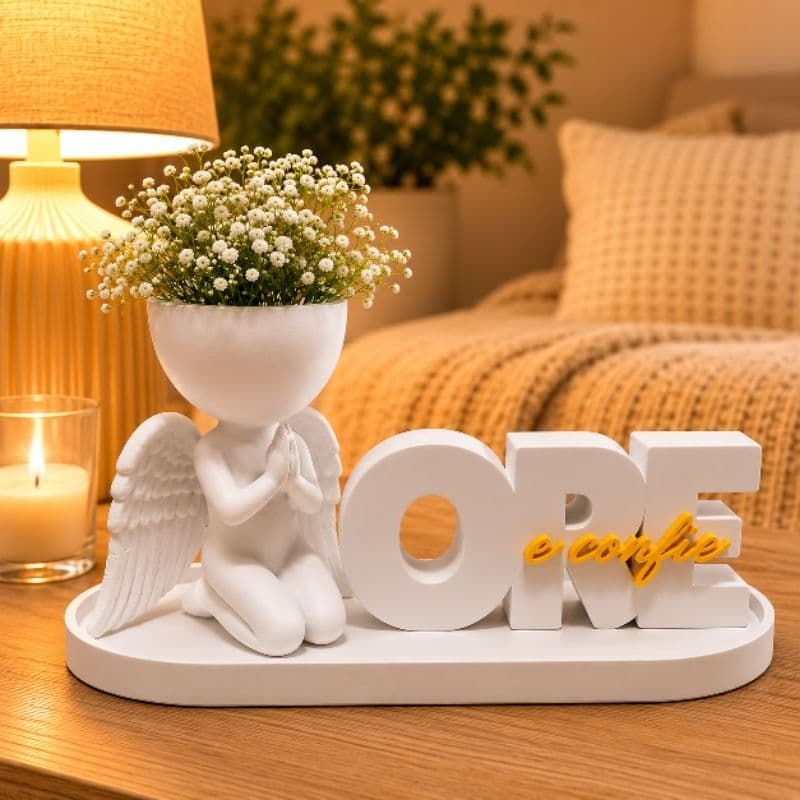 Kit Decorativo Anjinho Porta Vaso + Bandeja + Palavra Ore e Confie em Impressão 3D