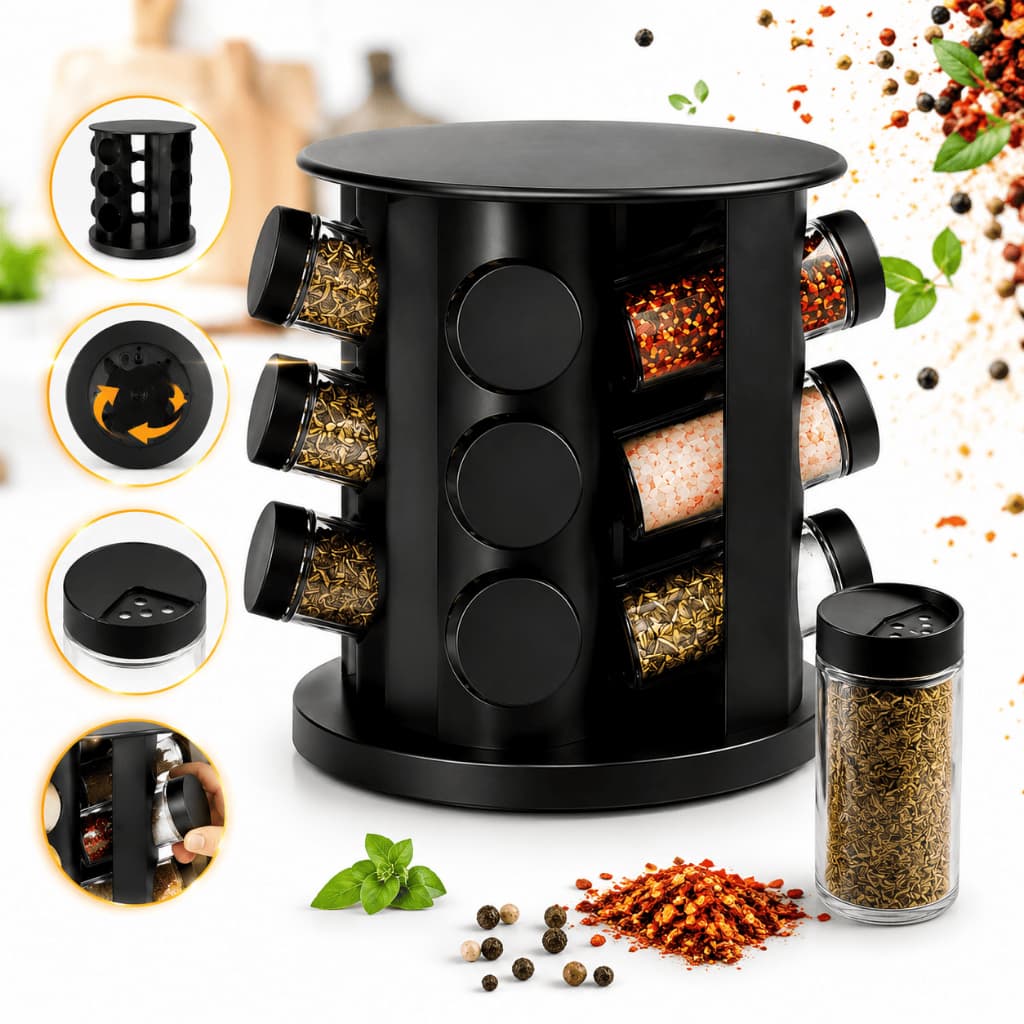 Porta Temperos 9 Potes Giratório Preto Organizador de Cozinha Organização Bancada Premium Condimento
