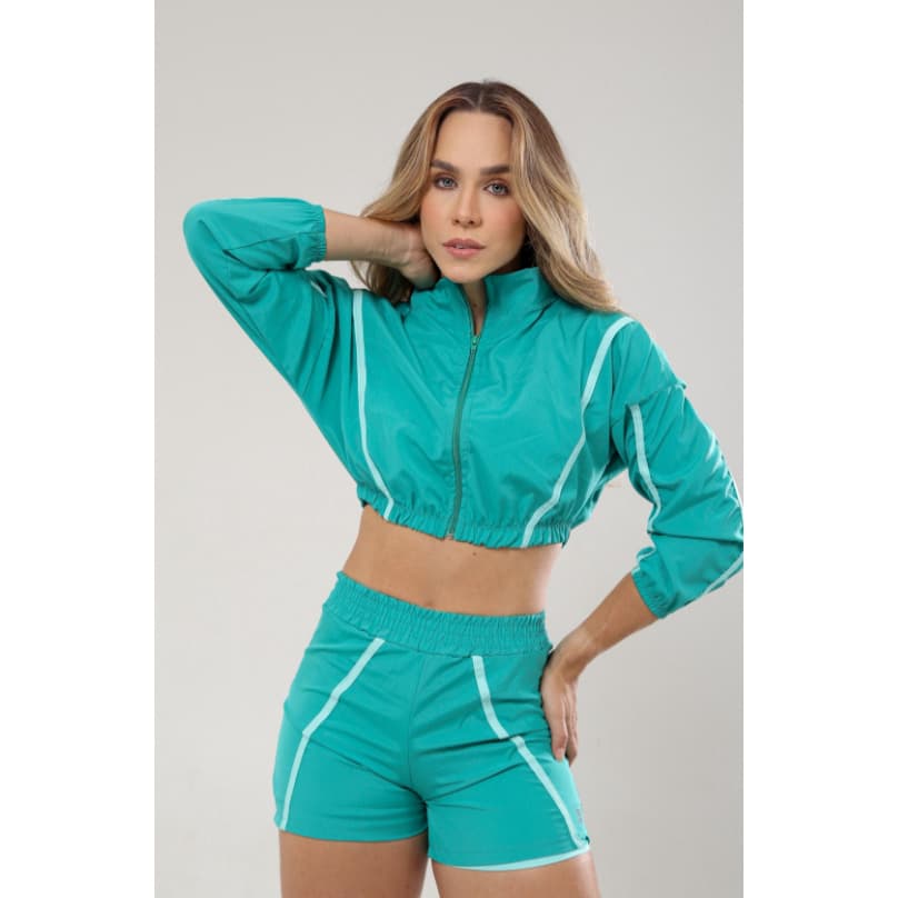 Conjunto rota d’agua tres peças jaqueta + top + short duplo para academia, corrida ou uso casual