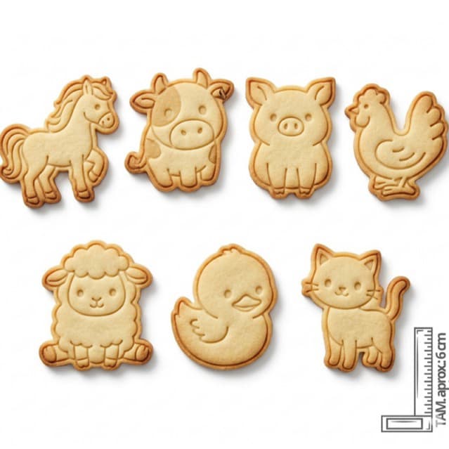 Kit 7 Moldes Confeitaria Animais da Fazendinha Cortadores de Biscoito com Carimbos, Pasta Americana, Biscuit, Bolacha