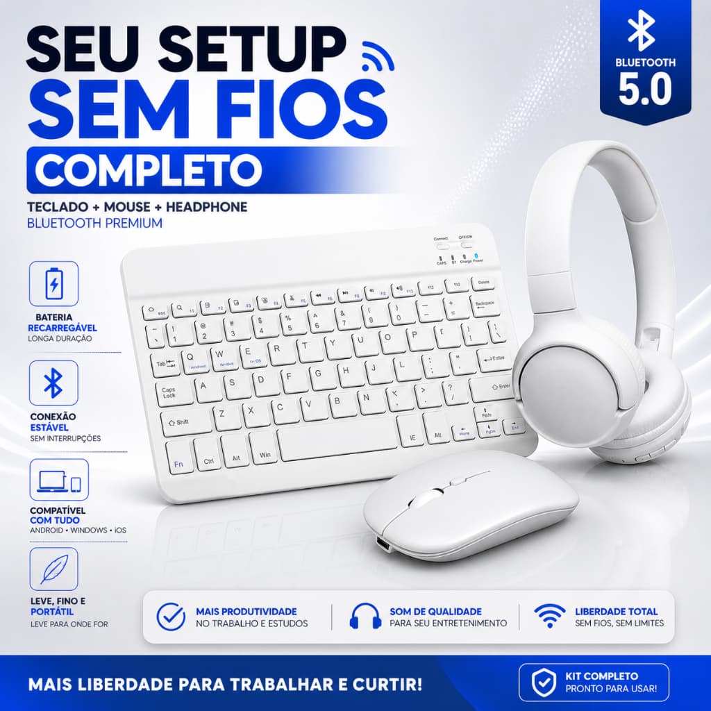 Kit Home Office Teclado e Mouse Sem Fio Bluetooth 510 Premium Notebook Tablet BRANCO 0869757