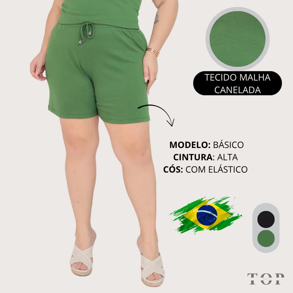 Shorts Plus Size Feminino com Cintura Alta Cós com elástico Caimento Solto Tecido Malha Canelado
