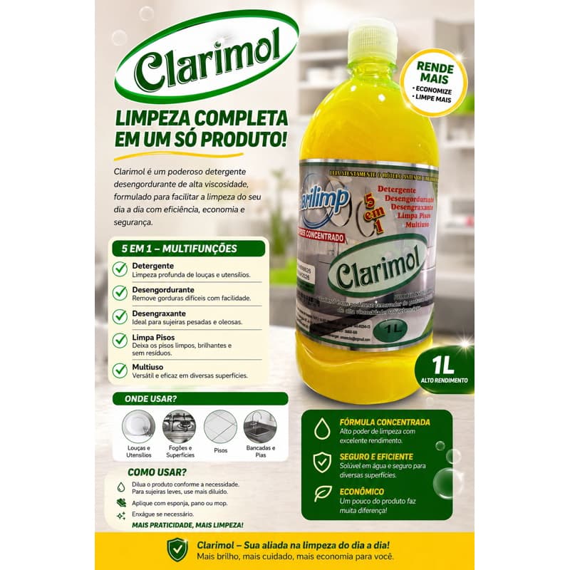Clarimol 5 em 1 1 Litro | Desengordurante, Desengraxante, Limpa Piso e Multiuso