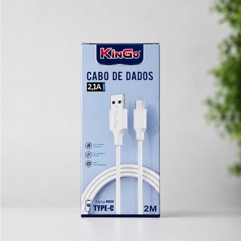 Cabo USB Para Tipo C 2 Metros Branco Kingo 2.1A