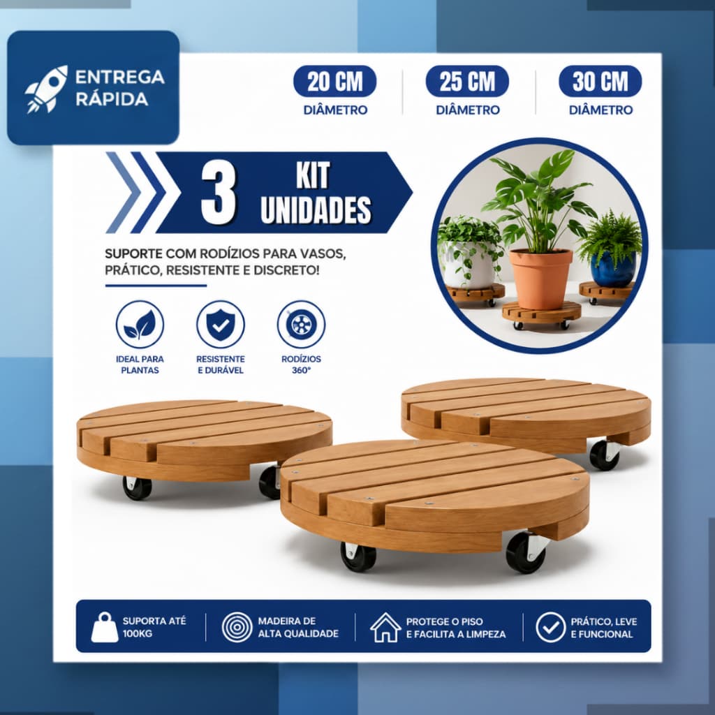 Kit  com 3 Suporte Redondo Com Rodinhas Para Botijão Ou Vaso De Planta 20cm 25cm 30cm Suporta Até 80 kg