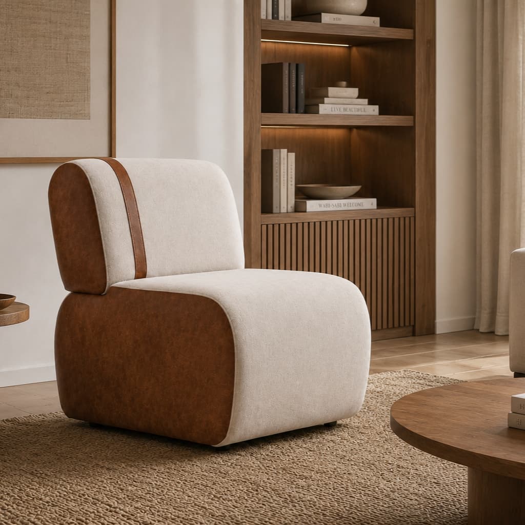 Poltrona Ravena Premium Tecido Bouclê Off Lateral Couro Sintético Ergonômico Alto Padrão Sala Estar Recepção – AV