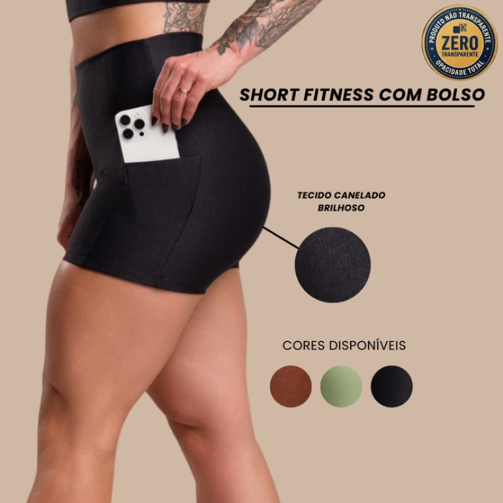 Short Fitness Feminino Canelado Brilhoso Com Bolso Cintura Alta Academia Esportivo Corrida Brilho Moda RIQ Modas