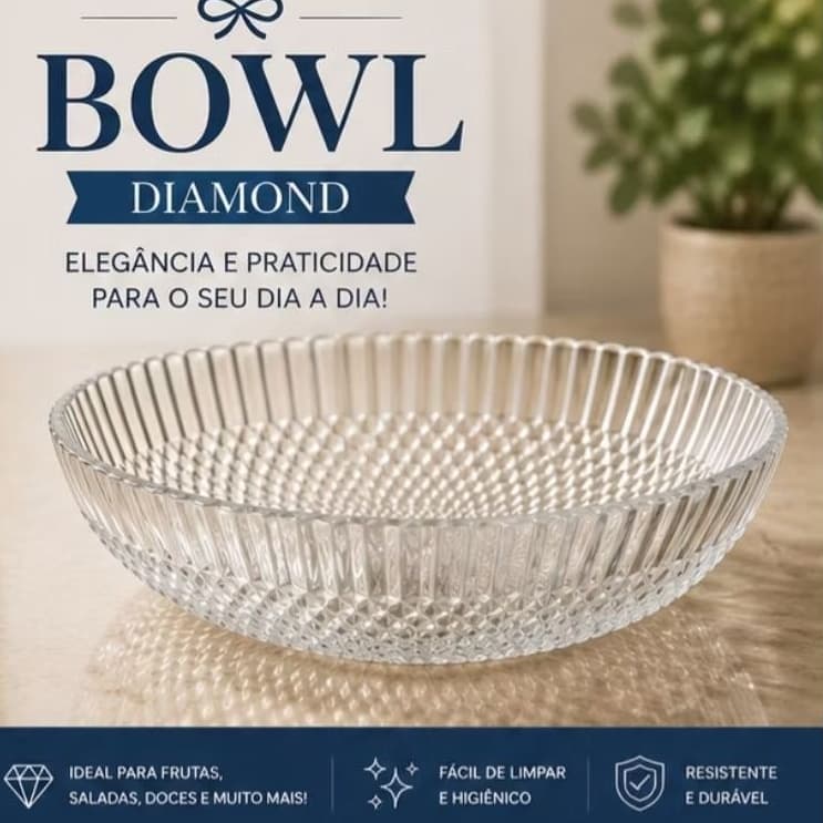 Bowl De Vidro Diamond 20cm Decorativo Luxo 1,2L