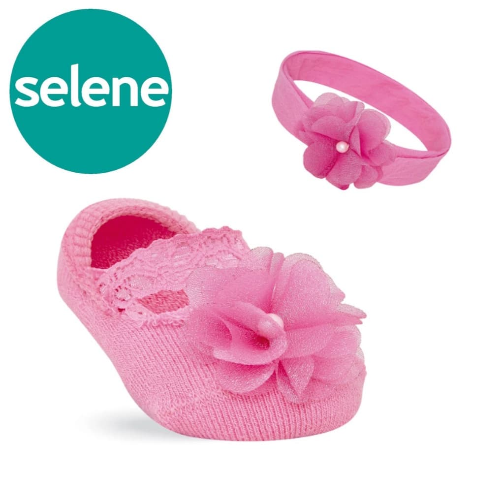 1 Par de Meia 1 Faixa para Cabeça Recém Nascido 1095 Selene Flor Pérola Linda Conforto Original