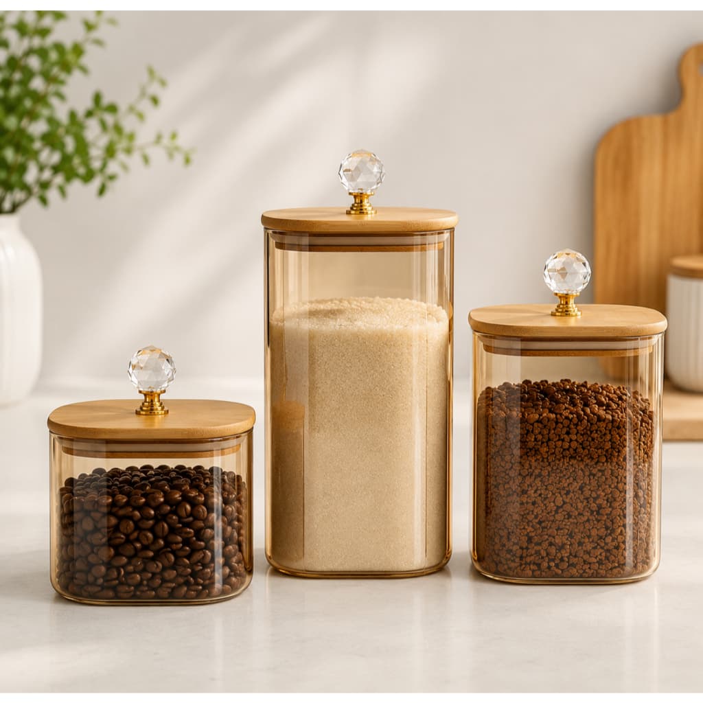 Kit de Jogo de Potes Quadrados de Vidro com tampa de bambu  Herméticos  Cozinha Potes Funcionais