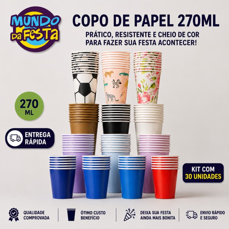 30 Copos de Papel Descartável Biodegradável 270 ml Festa Infantil Decoração Aniversário