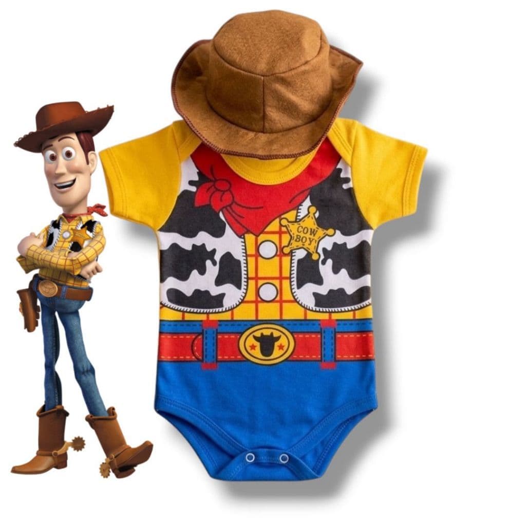 Kit Body Bebê Toy Story Woody + Chapéu Menino Fantasia Mesversário