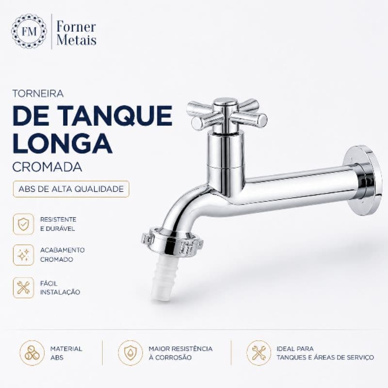 Torneira Longa em ABS de Parede Para Jardim e Lavanderia  com Bico 3/4 Cromada - 1058 linha plastic
