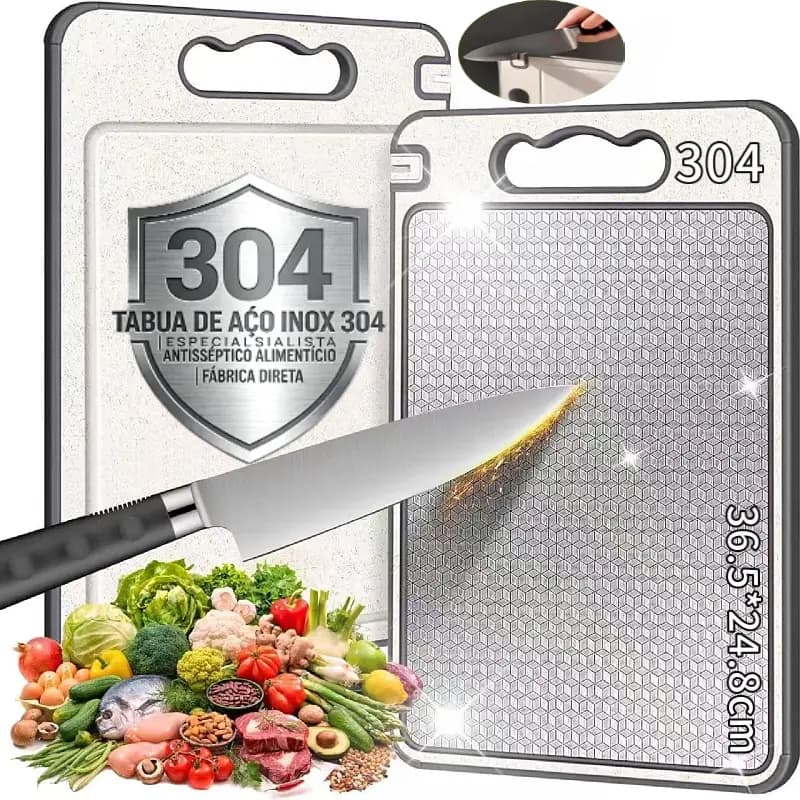 Tábua de Corte Aço Inox 304 Higiênica Antibacteriana Dupla Face com Base Antiderrapante com Alça e Base para Cozinha