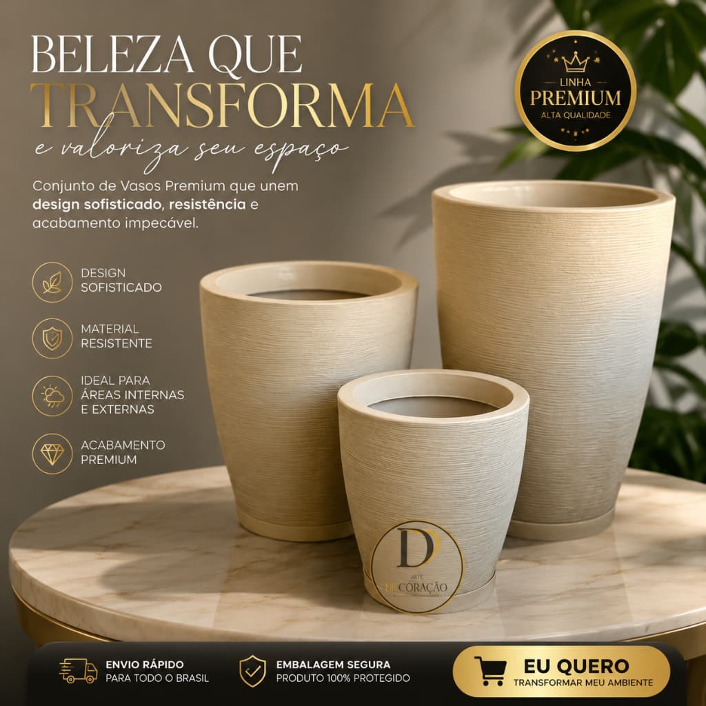 Kit 3 Vasos Decorativos para Plantas Grafiato Coluna Barcelona N1+N2+N3 Escovado com Prato